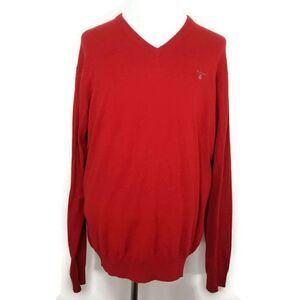 Gant Sweater Mens Size 2XL Cotton Wool Red V-Neck Long Sleeve Pullover Jumper
